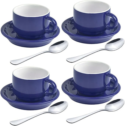 homEdge Premium Espresso Shot Cups and Saucers Set with Espresso Stainless Steel Spoons - 2.5 oz, Set of 4, Navy