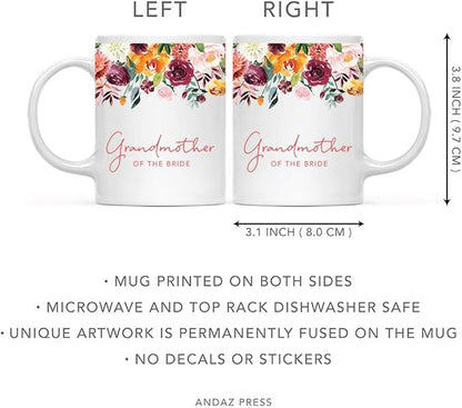Andaz Press 11oz. Wedding Ceramic Coffee Tea Mug Gift, Fall Autumn Burgundy Orange Peach Flowers Roses Florals, Grandmother of the Bride, 1-Pack, Includes Gift Box