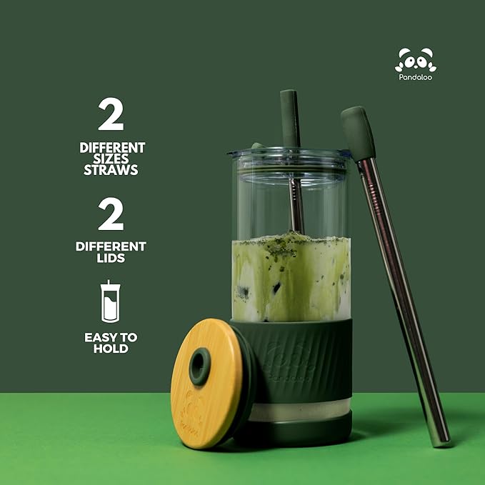 Pandaloo® Glass Cups With Lids and Straws -20 Fl Oz- Perfect Size Iced Coffee Cup - Smoothie Cup With Bamboo Lid and On the go Lid - Glass Tumbler With Straw (1 Count (Pack of 1), Intense Teal)