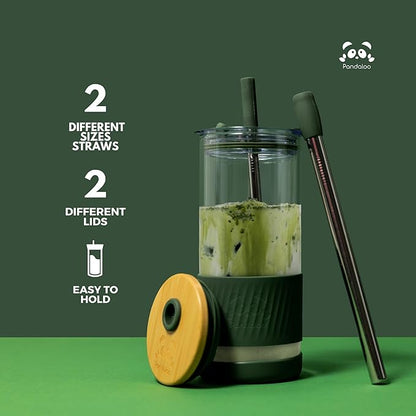 Pandaloo® Glass Cups With Lids and Straws -20 Fl Oz- Perfect Size Iced Coffee Cup - Smoothie Cup With Bamboo Lid and On the go Lid - Glass Tumbler With Straw (1 Count (Pack of 1), Maracuja Dream)