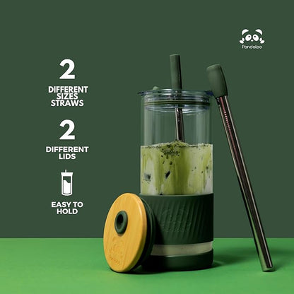 Pandaloo® Glass Cups With Lids and Straws -20 Fl Oz- Perfect Size Iced Coffee Cup - Smoothie Cup With Bamboo Lid and On the go Lid - Glass Tumbler (2 Count (Pack of 1), Lilac Rhapsody-Lilac Rhapsody)
