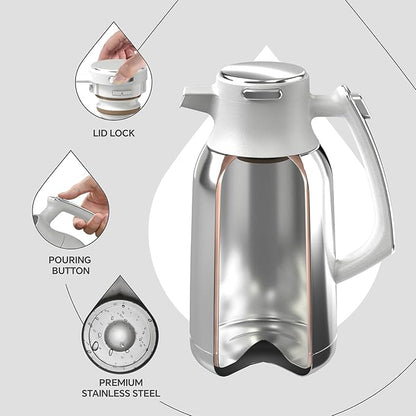 IDEUS Thermal Coffee Carafe 68oz (2,000ml), Stainless Steel Double Wall Insulated Vacuum Flask, Water Jug Coffee Server and Beverage Dispenser, Heat and Cold Retention (White-Silver, 68oz (2,000ml))