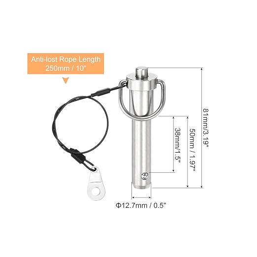 uxcell 1 Pcs Quick Release Pin, 1/2" x 1.5"(Dia. x L) Push-Button Ball Locking Pin 304 Stainless Steel Ring Handle Locking Pin with Wire for Audio Bimini Top Marine, Silver