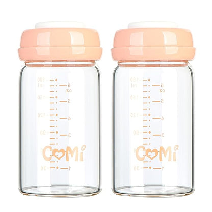 COMI Wide Neck Glass Breastmilk Collection n Storage Bottle, 6oz with Screw Ring Sealing Disk; Re-markable Sealing Disc. BPA Free, Fits Breast Pumps & Nipples (2 Pack Pink Lids)