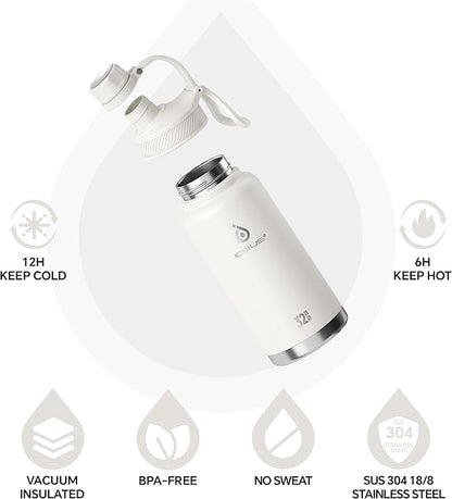 IDEUS Insulated Stainless Steel Water Bottle with 2 Leak-Proof Lids, Thermal Water Flask for Hiking Biking, 32oz, White