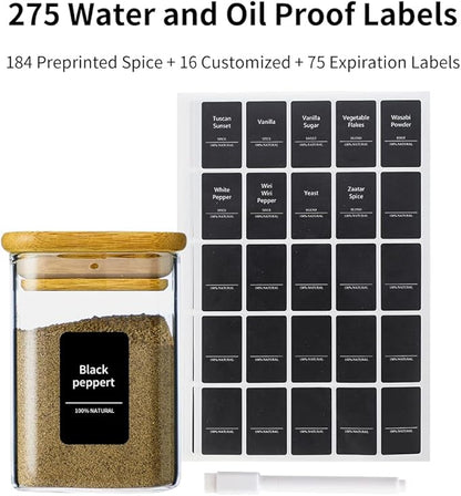 10Pcs 7oz Spice Jars Glass Container with 275 Labels, Airtight Seasoning Empty Organizer with Bamboo Lid Set for Pepper, Salt, Sugar