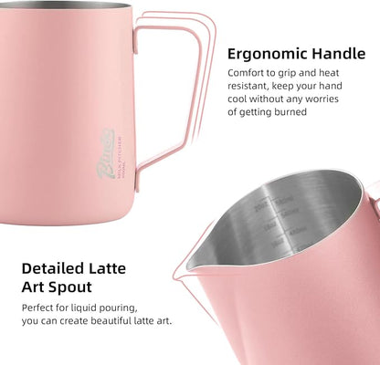 Pink Milk frother - 350ml/12OZ Milk Frothing Pitcher, Milk Frother Cup Espresso Steaming Pitcher for Barista, Bincoo 304 Stainless Steel Espresso Steaming Pitchers for Latte Art/Cappuccino/Coffee/Milk