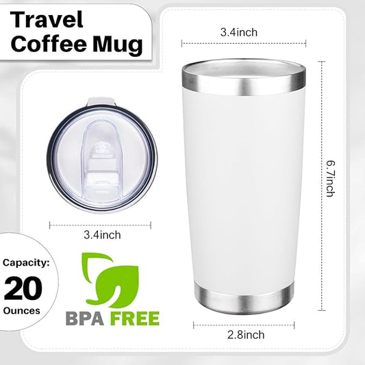 20oz Tumbler with Lid Double Wall Vacuum Insulated Travel Coffee Mug Stainless Steel Thermal Cup Powder Coated Sturdy Coffee Tumbler Bulk for Hot and Cold Beverage (White,4)