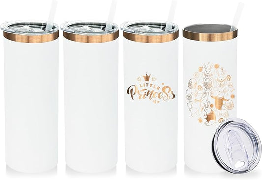 20 oz Skinny Tumblers Bulk 4 Pack, Stainless Steel Insulated Tumbler with Lids and Straws, Slim Double Wall Powder Coated Travel Coffee Mugs Reusable Cup for Hot Cold Drinks (White,4 pack)