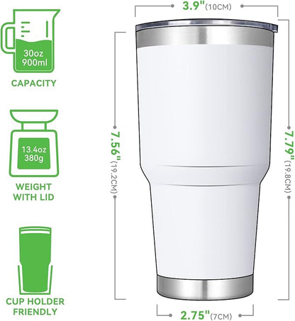 DOMICARE 30 oz Tumbler with Lid and Straw, Stainless Steel Tumblers Bulk, Insulated Vacuum Double Wall Travel Coffee Mug, Durable Powder Coated Tumbler Cup (White, 1)