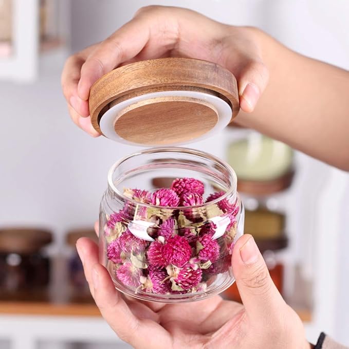 8 Pcs Spice Containers - 8.5oz Glass Spice Jars With Acacia Airtight Lid and Labels - Stackable Empty Round Spice Bottles for kitchen Seasoning, coffee bean, tea, suger, herbs