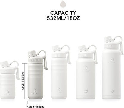 IDEUS Insulated Stainless Steel Water Bottle with 2 Leak-Proof Lids, Thermal Water Flask for Hiking Biking, 18oz, White