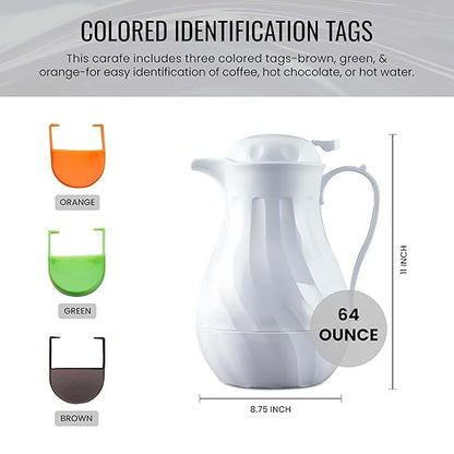 OCS Parts Easy Pour Thermal Coffee Carafe | 11-Inch Insulated Hot and Cold Beverage Pitcher Server for Coffee, Tea, Hot Chocolate and Water with Colored Tags for Easy Idenfication | 64-Ounce | White