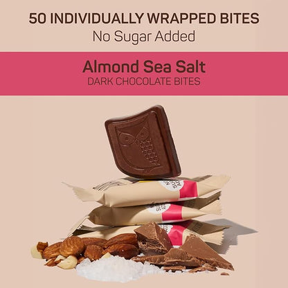 AWAKE - Caffeinated Chocolate Bites - 50mg of Caffeine - Bite-Size Energy Bars - Low-Calorie Snacks - Keto - Gluten-Free - Non-GMO - Coffee Alternative - Almond Sea Salt Dark Chocolate - 50 Bites