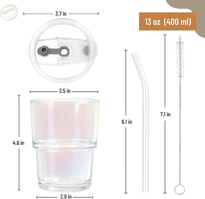 13 oz Glass Tumbler with Glass Straw and Lid, Leak-Proof Reusable Travel Cup for Iced Coffee, Tea, Matcha, Fruit Juice – Thick Wall Clear Water Bottle (Amber & Iridescent Shimmer, 2 Pack)
