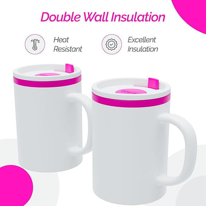 Copco Iconic 16oz Double Wall Insulated Desk Mug with Lid and Handle, Set of 2, BPA-Free Reusable Plastic, Spill-Proof, Microwave & Dishwasher Safe, Wide Mouth, Cup Holder Friendly (Pink)