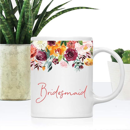 Andaz Press 11oz. Wedding Ceramic Coffee Tea Mug Gift, Fall Autumn Burgundy Orange Peach Flowers Roses Florals, Bridesmaid, 1-Pack, Includes Gift Box