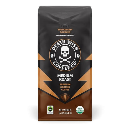 Death Wish Coffee, Organic and Fair Trade, Medium Roast, Whole Bean Coffee, 16 oz