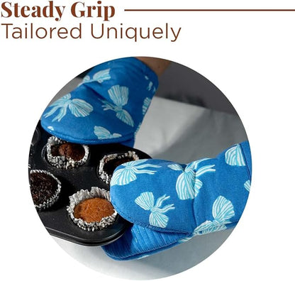 Folkulture Mini Oven Mitts Heat Resistant | (5.75 x 9) Set of 2 Short Blue Oven Mitts with Hanging Loop | 100% Cotton Oven Gloves or Bow Kitchen Mittens | Small Silicone Oven Mits or Baking Accesories
