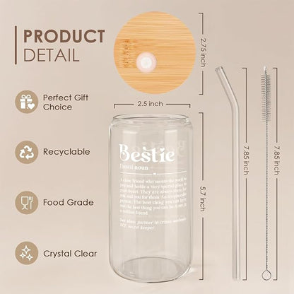 SANDJEST Best Friend Glass Can, Besties Definition Cup with Lid & Straw, Iced Coffee Aesthetic Cups, Gift for Christmas Birthday Mother Day, Gifts for Women Friends Sisters, 16oz