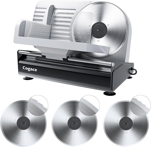 Powerful Deli Meat Slicer Machine, 200W Electric Food Slicer with 3 Types of 7.5" Stainless Steel Blades, Adjustable Thickness 0–15mm, for Meat, Cheese, Bread, Vegetables, Home Use
