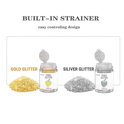 Gold Silver Edible Glitter Glimmer Powder for Cakes Drinks - Colaele 5 grams Food Grade Luster Dust Metallic Food Decorating Sprinkle Disco Brew Dust for Cake Decorations Wine Beverage Dessert, Vegan