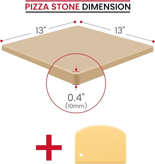 Unicook Pizza Stone for Oven and BBQ Grill, 13 Inch Square Baking Stone for Bread, Cordierite Thermal Shock Resistant Pizza Making Accessory for Oven and Grill, Including Dough Scraper