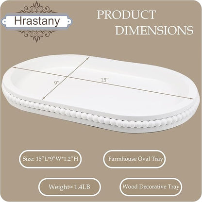 Oval Wood Serving Tray with Wooden Beads, Outdoor Farmhouse Decorative Tray for Ottoman, Coffee Table, Kitchen Counter Organizer, Home Decor(White)