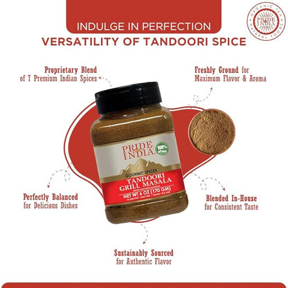 Pride of India - PACK of 6 - Tandoori Grill Masala 6 oz (170 gm) Medium Dual Sifter Bottle |Blend of Exotic & Gourmet Spices |For Vegetable, Meat & Chicken Cooking |Non-Bioengineered | Easy to Use