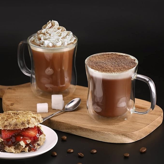 ecooe 12 oz Double Walled Glass Coffee Mug Latte Cappuccino Cups Set of 2, Clear Glass Coffee Cups with Handle, Insulated Coffee Cup Borosilicate Heat Resistant Double Wall Glass Coffee Mug Tea Cups