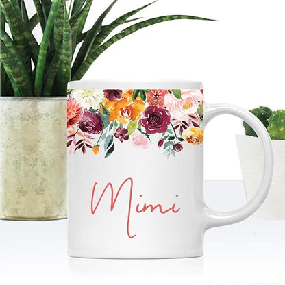 Andaz Press 11oz. Mother's Day Ceramic Coffee Tea Mug Gift, Fall Autumn Burgundy Orange Peach Flowers Roses Florals, Mimi, 1-Pack, Includes Gift Box, Birthday Christmas Gift Ideas