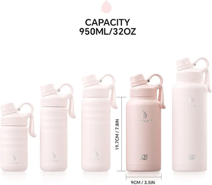 IDEUS Insulated Stainless Steel Water Bottle with 2 Leak-Proof Lids, Thermal Water Flask for Hiking Biking, 32oz, Light Pink