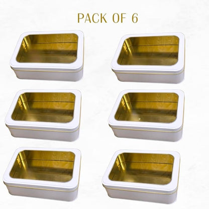 Pack of 6 Pearl White Rectangular Tin Container With Clear Lid, Multipurpose Tin Box, Festive Tin Box for Gift Giving, Cookies, Stationery & More - 7.25 x 5.25 x 2.25 Inches