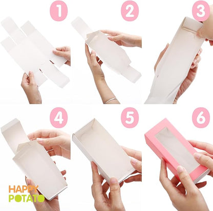 HAPPY POTATO 30 Pack Macaron Boxes for 4 or 5, 4×1.9×1.9 Inches, Macaron Packaging Boxes, Pink Macaron Box with Clear Window, Macaron Container Gift Boxes with Ribbon