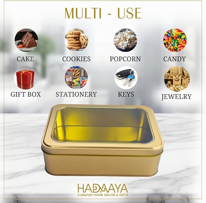 Pack of 6 Gold Rectangular Tin Container With Clear Lid, Multipurpose Tin Box, Festive Tin Box for Gift Giving, Cookies, Stationery & More - 7.25 x 5.25 x 2.25 Inches