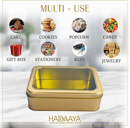 Pack of 6 Gold Rectangular Tin Container With Clear Lid, Multipurpose Tin Box, Festive Tin Box for Gift Giving, Cookies, Stationery & More - 7.25 x 5.25 x 2.25 Inches