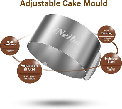 iNeibo Cake Ring and Cake Collar Set, 6 to 12 Inch Adjustable Cake Mousse Mould Set with 6inch Clear Cake Roll, Stainless Steel Pastry Ring, Mousse Ring, Ring Mold for Baking