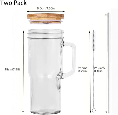 24oz Mason Jar Cups with Handle, Clear Glass Tumbler with Bamboo Lid and Straw, 2 Pack Glass Iced Coffee Cup with Lids, Cold Drinking Glasses for Iced Coffee, Juice, Bubble Tea,cola