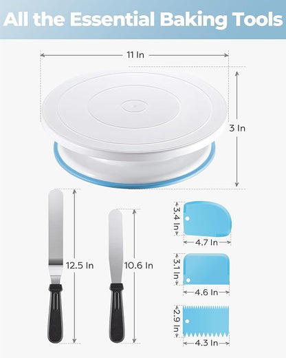 Kootek Cake Decorating Kit Baking Supplies Cake Turntable with 2 Frosting Straight Angled Spatula 3 Icing Smoother Scrapers Baking Accessories Tools for Beginners and Pros, Blue