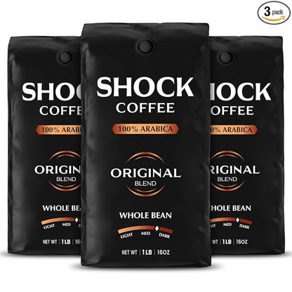 Shock Coffee Whole Bean, The Strongest Caffeinated All-Natural Coffee, Up to 50% more Caffeine. 3 LB