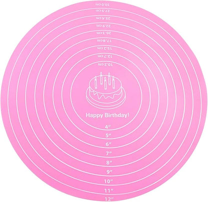 Hitefu 12 Inch Round Silicone Cake Mat, Silicone Baking Mat with Measurement for Cake Turntable & Rolling Dough (Pink)