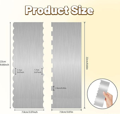2 Pieces 8.7 Inche Stainless Steel Cake Scraper，Double Sided Patterned Edge Stripe Edge Smoother Scraper Cake Decorating，Cake Decorating Comb Cake Scraper (2, 2)