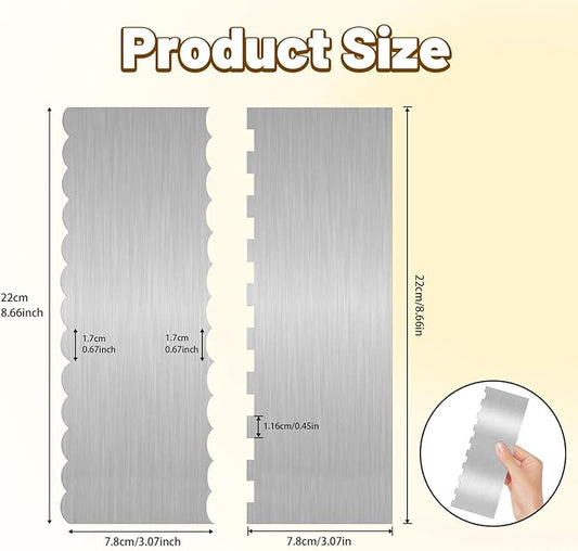 2 Pieces 8.7 Inche Stainless Steel Cake Scraper，Double Sided Patterned Edge Stripe Edge Smoother Scraper Cake Decorating，Cake Decorating Comb Cake Scraper (2, 2)