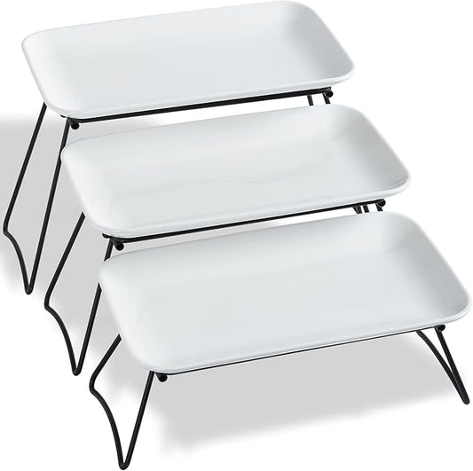 HAPPY KIT 3 Tier Serving Tray Set and Tiered Tray Stand,12 Inch Widened Porcelain Platters with Freely Combinable Rack,Decor Cupcake Stand for Christmas Party Display,Dessert Trays Collapsible