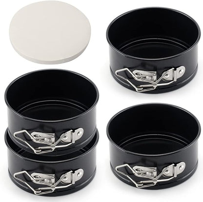 Tellshun 4 Pack Small Springform Cheesecakes Pan Tins Set 4 Inch Mini Baking Mold 4 Pieces Round Leakproof Nonstick Removable Bottom Bakeware for Pie Pizzas and Quiches Includes 50Pcs Parchment Paper