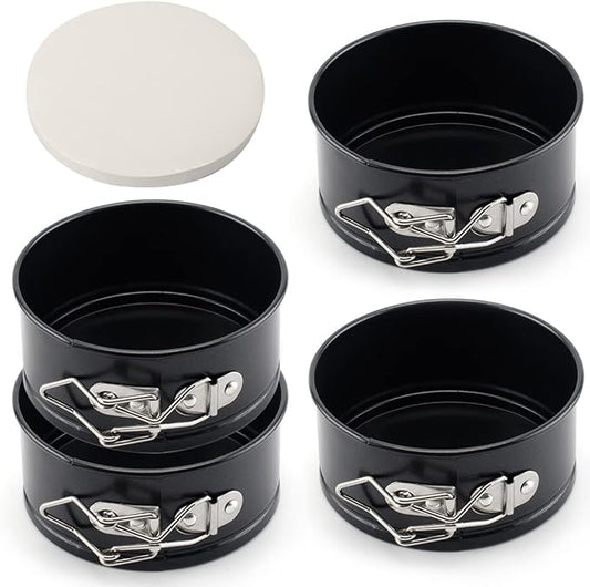 Tellshun 4 Pack Small Springform Cheesecakes Pan Tins Set 4 Inch Mini Baking Mold 4 Pieces Round Leakproof Nonstick Removable Bottom Bakeware for Pie Pizzas and Quiches Includes 50Pcs Parchment Paper