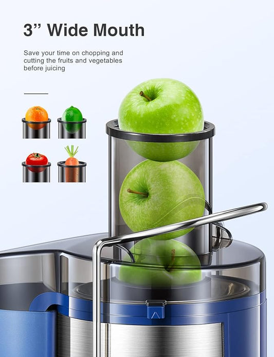 QCen Juicer Machine, 500W Centrifugal Juicer Extractor with Wide Mouth 3” Feed Chute for Fruit Vegetable, Easy to Clean, Stainless Steel, BPA-free (Blue)
