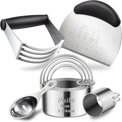 iNeibo Professional Baking Tools Biscuit Cutter Set Dough Blender/Cutter Round Cookies Cutter with Handle + Pastry Scraper+Egg Separator Heavy Duty Baking Dough Tools Pastry Utensils (Baking Tools)