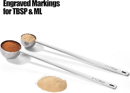 18/8 Stainless Steel Coffee Scoops, Doosu Food-Grade Metal Measuring Spoons with 8.5in Long Handle, Tablespoon Scooper for Coffee Beans, Ground Coffee, Espresso, Protein Powders, Tea (1 & 2 Tbsp)