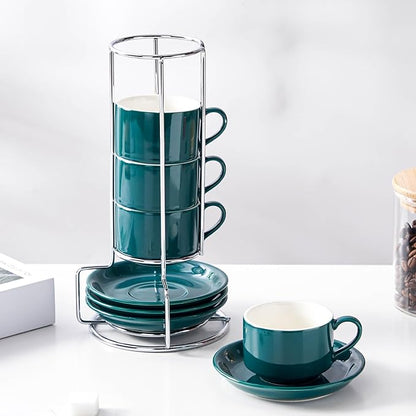 2.5 Ounce Porcelain Espresso Cups with Saucers and Silver Stand, Blackish Green Stackable Cups Set of 4